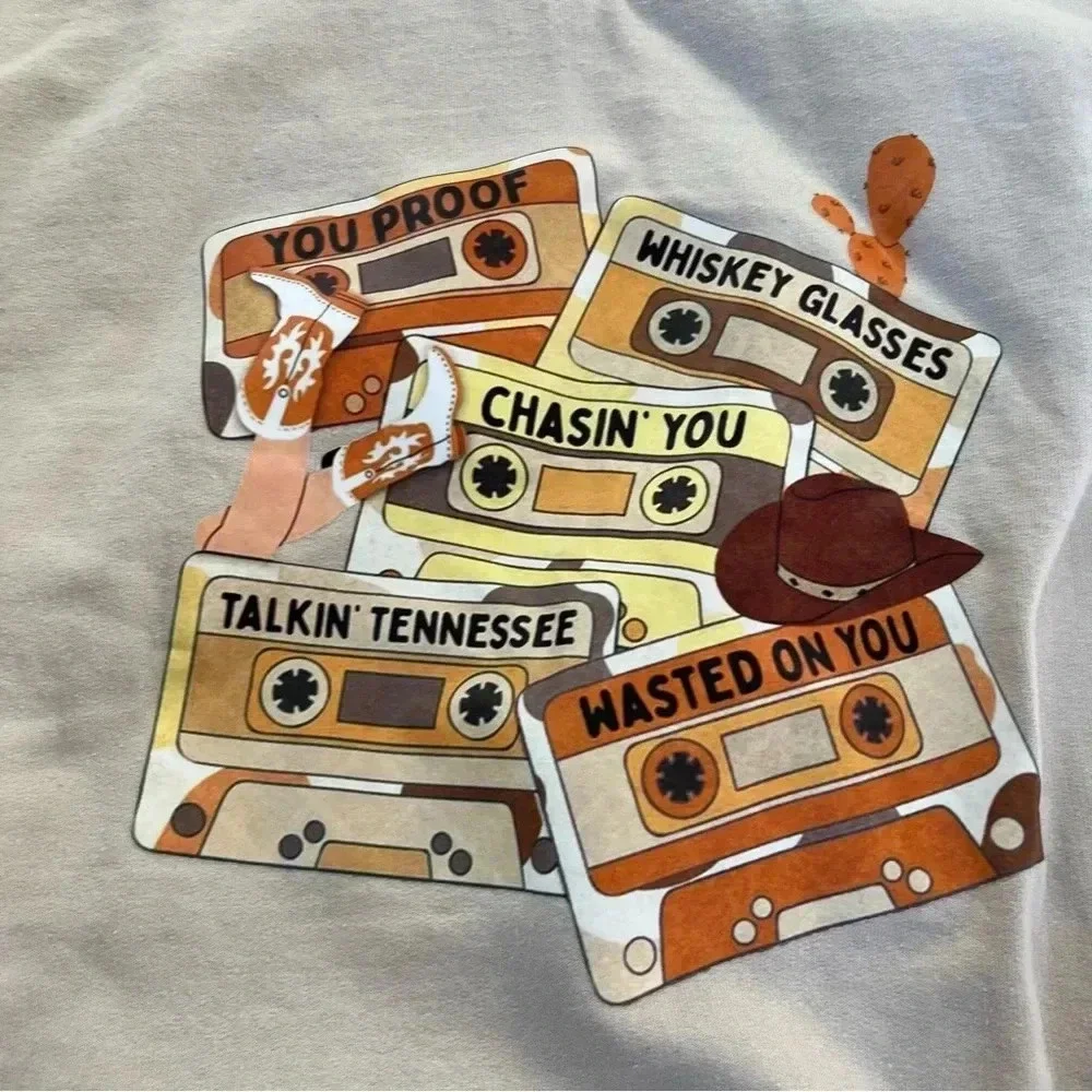 Morgan Wallen Crew Neck Sweatshirt sz Large Cassette Tapes Wasted On You Beige - Picture 3 of 9